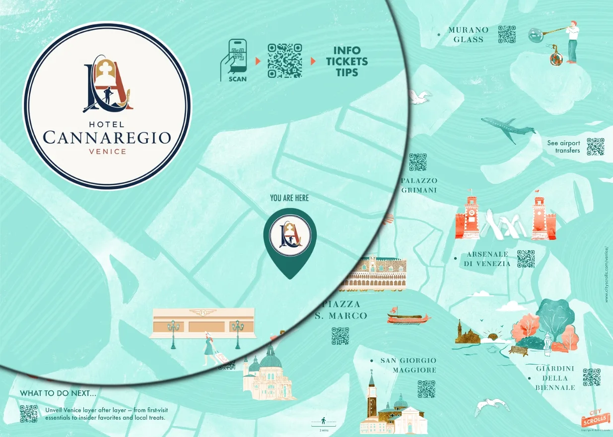 Esempio di una mappa illustrata di Venezia brandizzata con un hotel fittizio