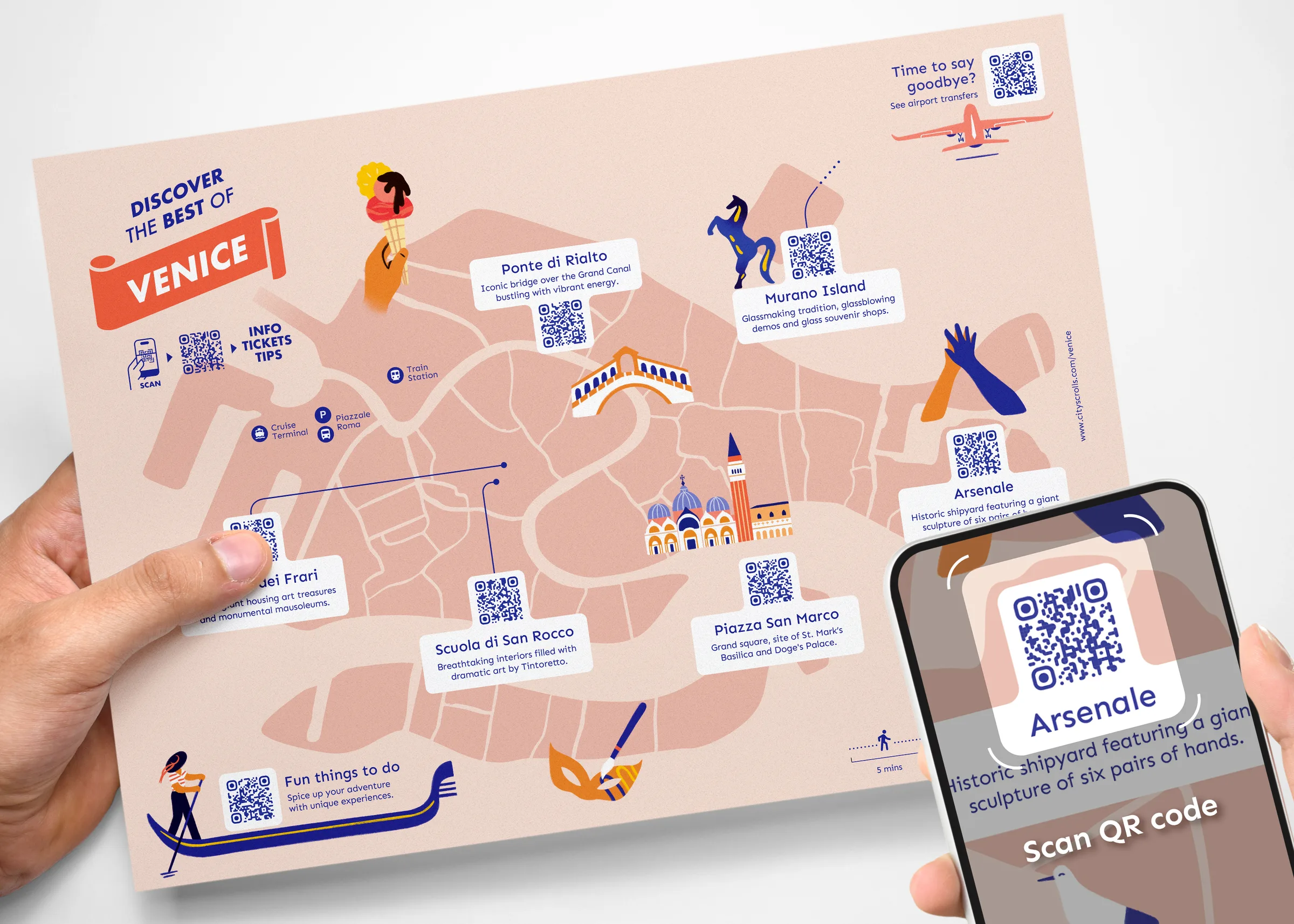 La mano sinistra tiene un poster di Venezia, mentre la mano destra tenta di scansionare un codice QR con un smartphone