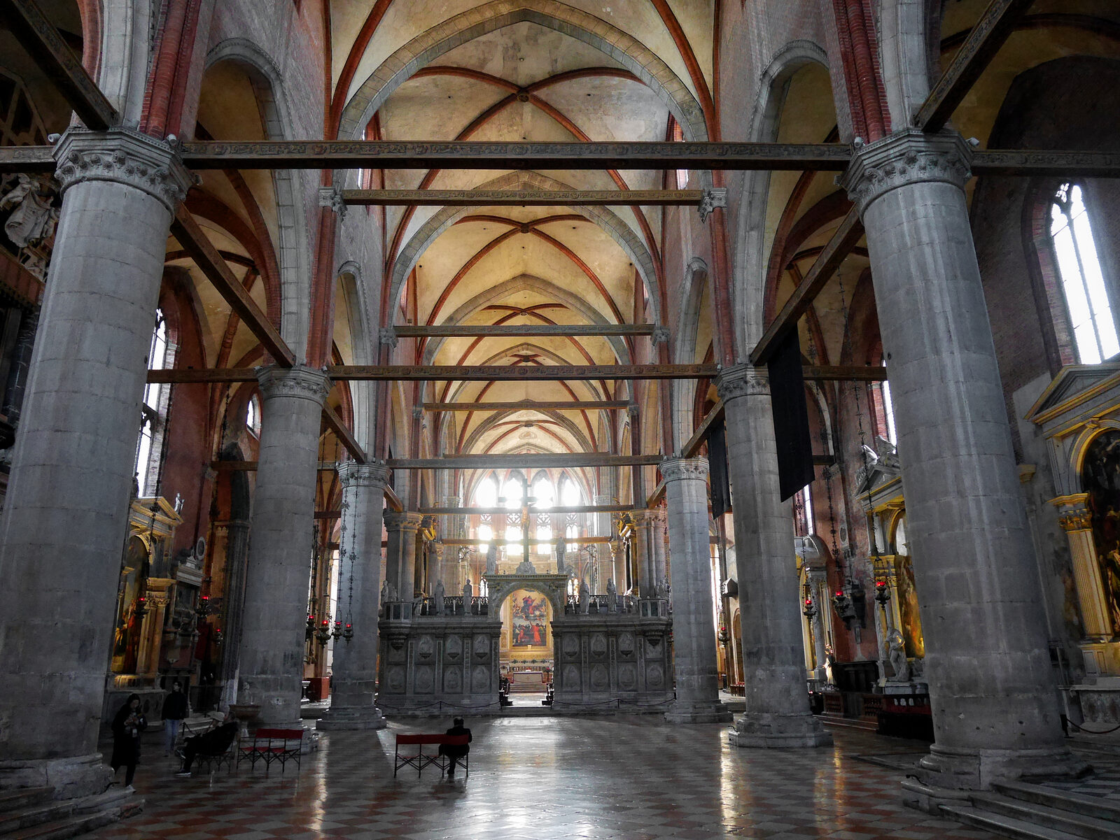 Basilica dei Frari : The nave, with the high altar visible through the choir screen