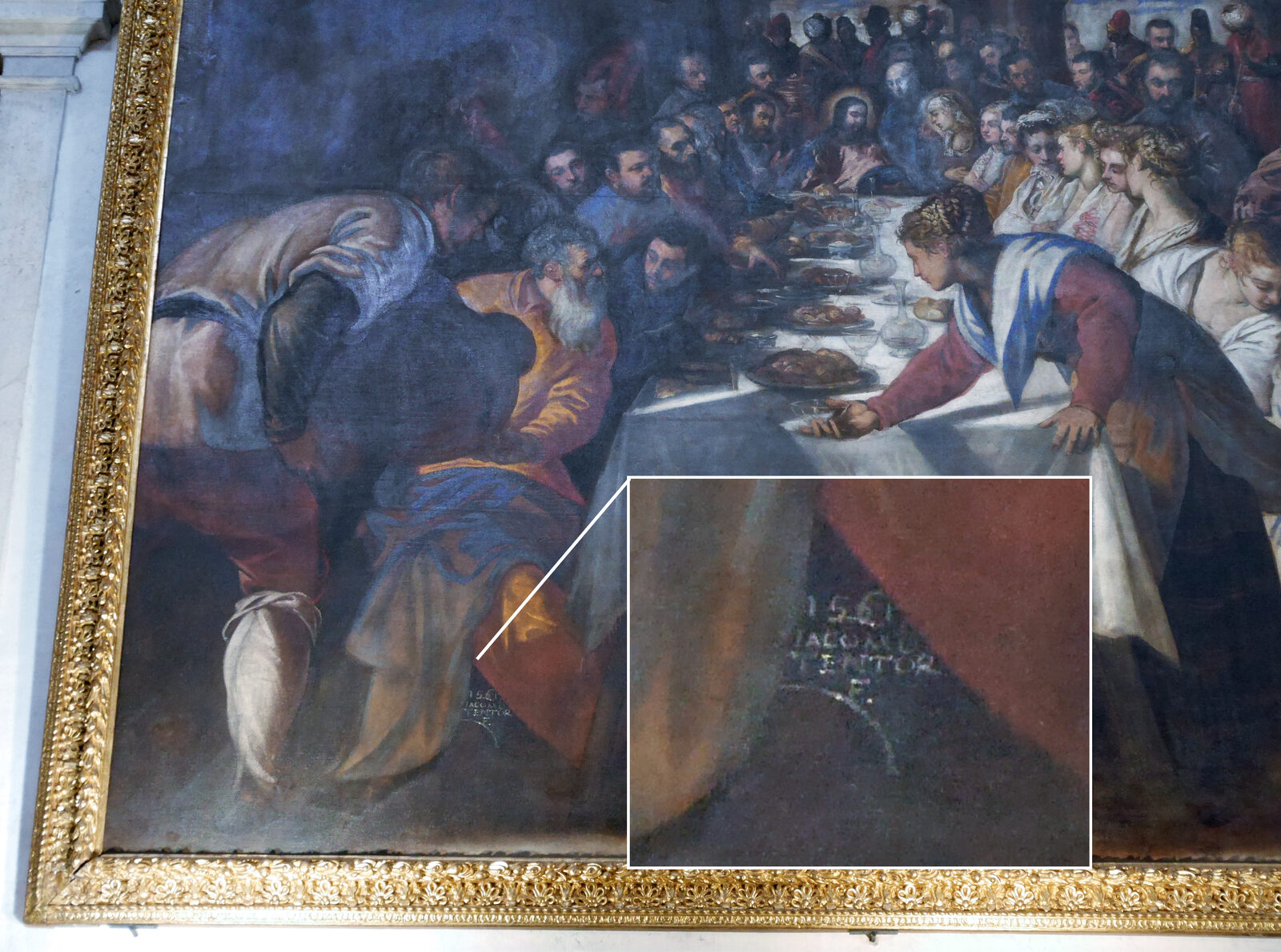 La Salute : Tintoretto's self-portrait appears as the first guest on the left, with the date and his signature — 1561, Jacomo Tentor — subtly inscribed at the hem of the robe