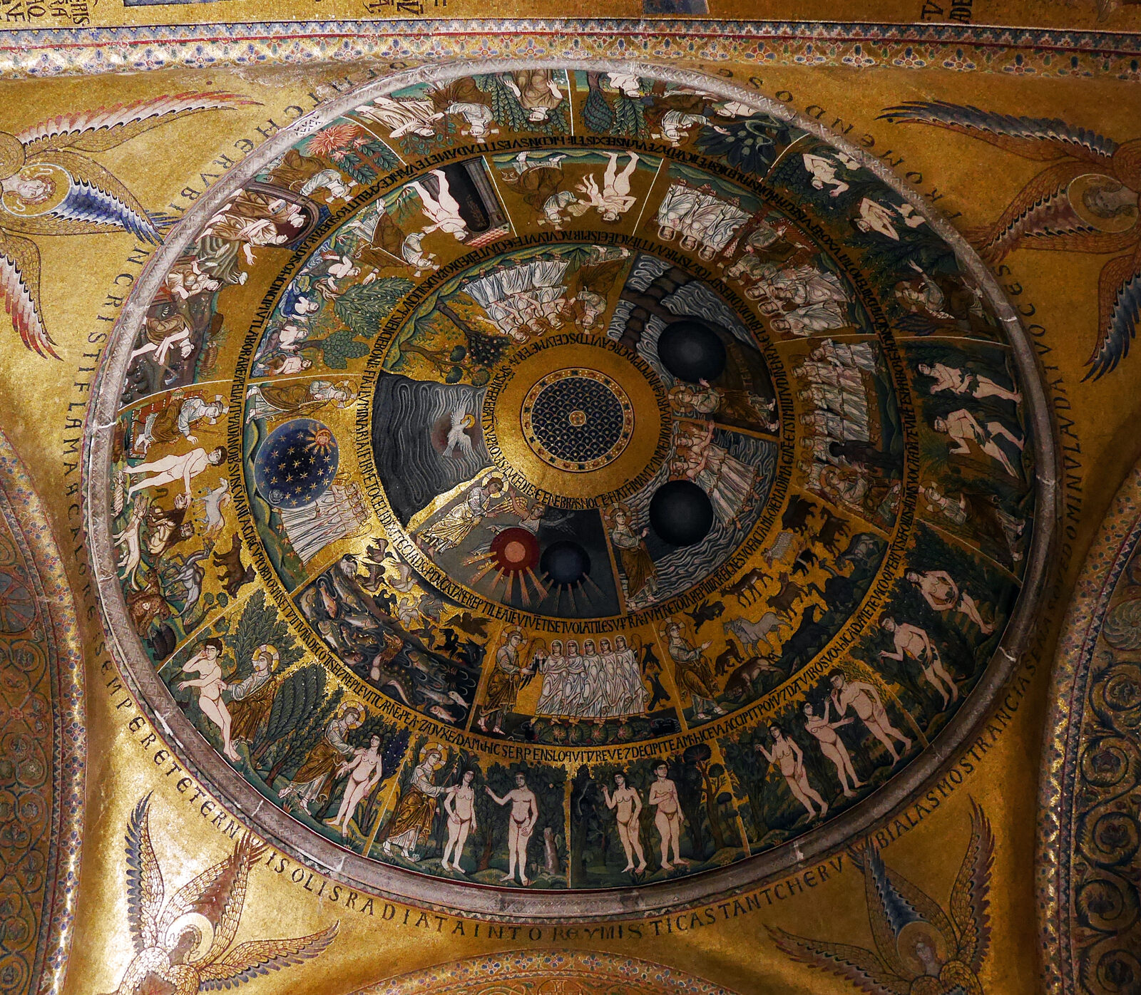 Basilica di San Marco : The Dome of Creation mosaic tells the story of Genesis in 26 vivid scenes, culminating with the expulsion of Adam and Eve from the Garden of Eden