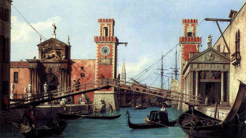 印象的な橋 : カナレットによる1732年の絵画。かつての跳ね橋 Ponte del Arsenale を描いたもの