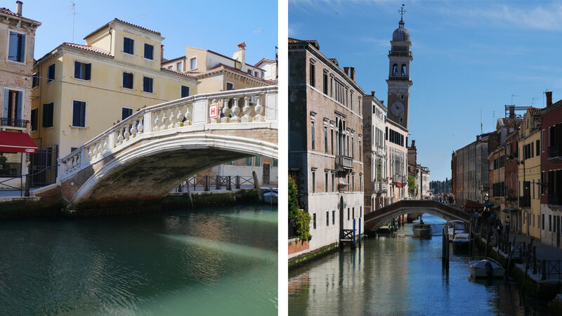 印象的な橋 : Ponte San Lorenzoと、橋から望むRio San Lorenzoと傾いたCampanile della Chiesa di San Giorgio dei Greci