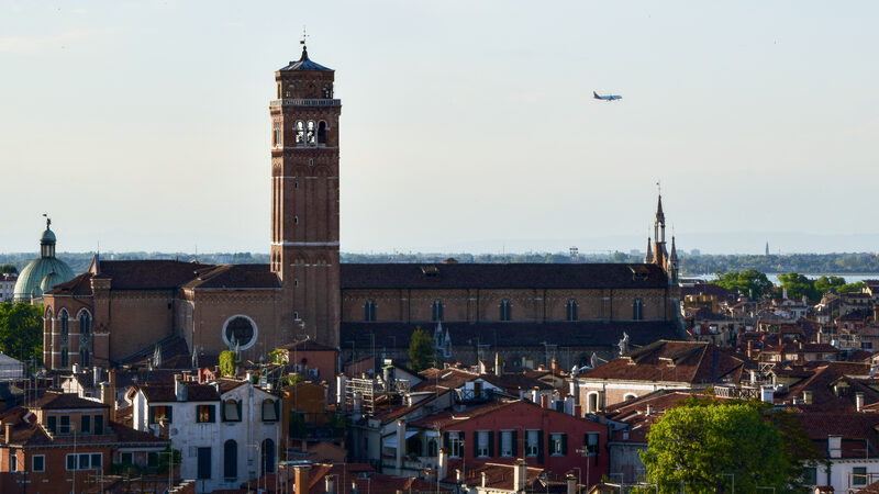 From Above : The colossal Basilica dei Frari dominates the skyline to the west of the Grand Canal