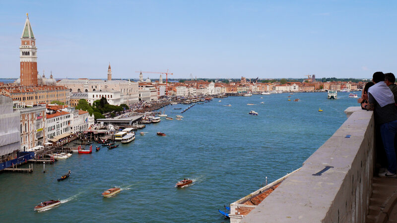 From Above : To the east, the San Marco Basin is alive with its usual bustling boat traffic