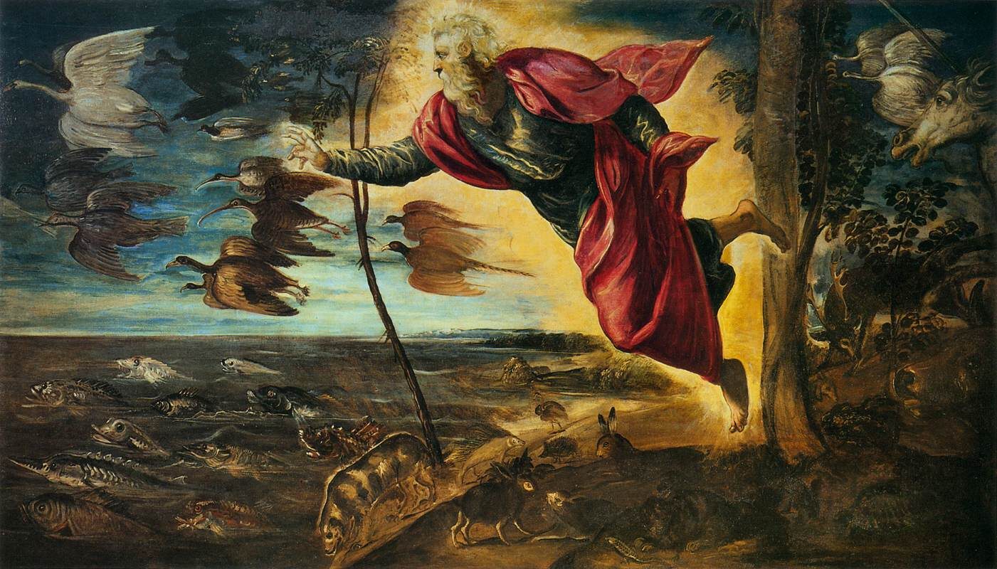 Gallerie dell'Accademia : 'The Creation of the Animals' by Tintoretto vividly portrays the biblical narrative from the Book of Genesis, capturing the moment when God breathes life into the sea-dwelling creatures, followed by birds, and finally land animals