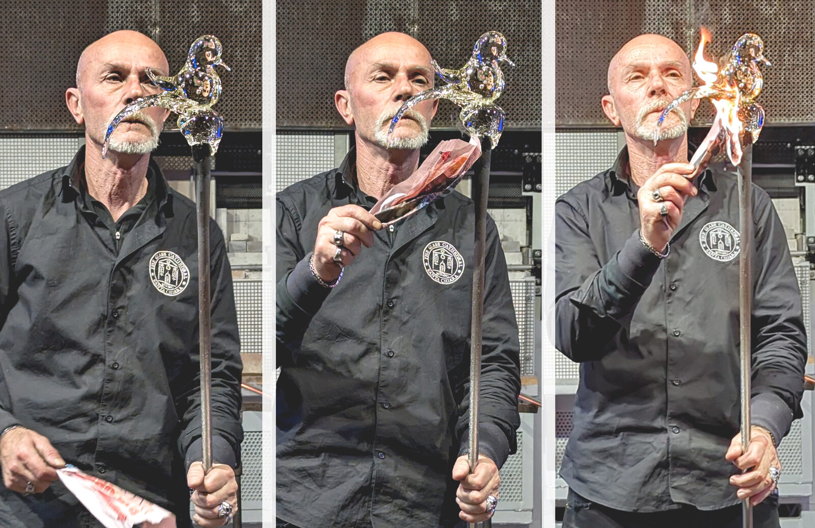 Glass Cathedral : Glassblowers light wet newspaper on fire at the end of the process to shape, smooth, and polish the molten glass without damaging it