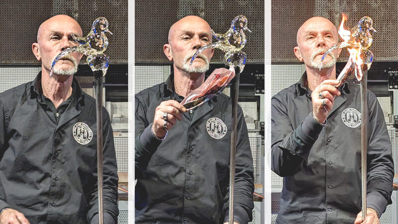 Glass Cathedral : Glassblowers light wet newspaper on fire at the end of the process to shape, smooth, and polish the molten glass without damaging it