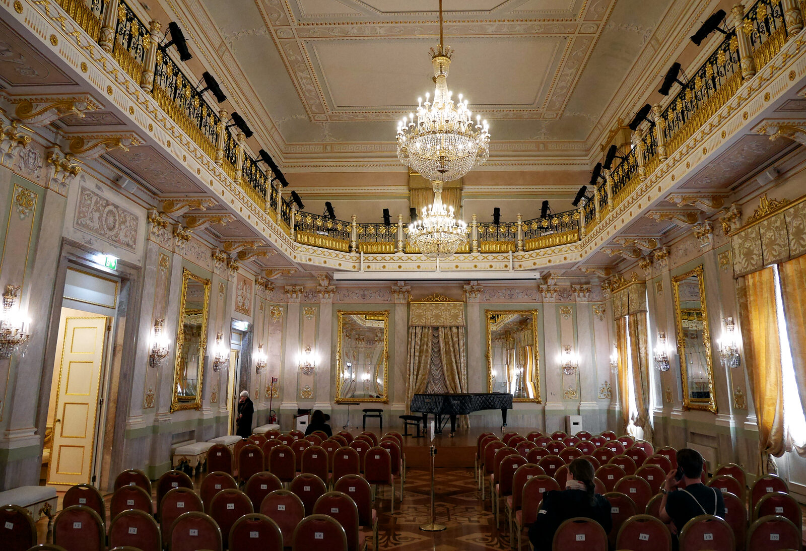 La Fenice : The ballroom (Sala Grande), the largest of the five Apollo rooms, once hosted grand aristocratic balls, while musicians played from the upper balcony