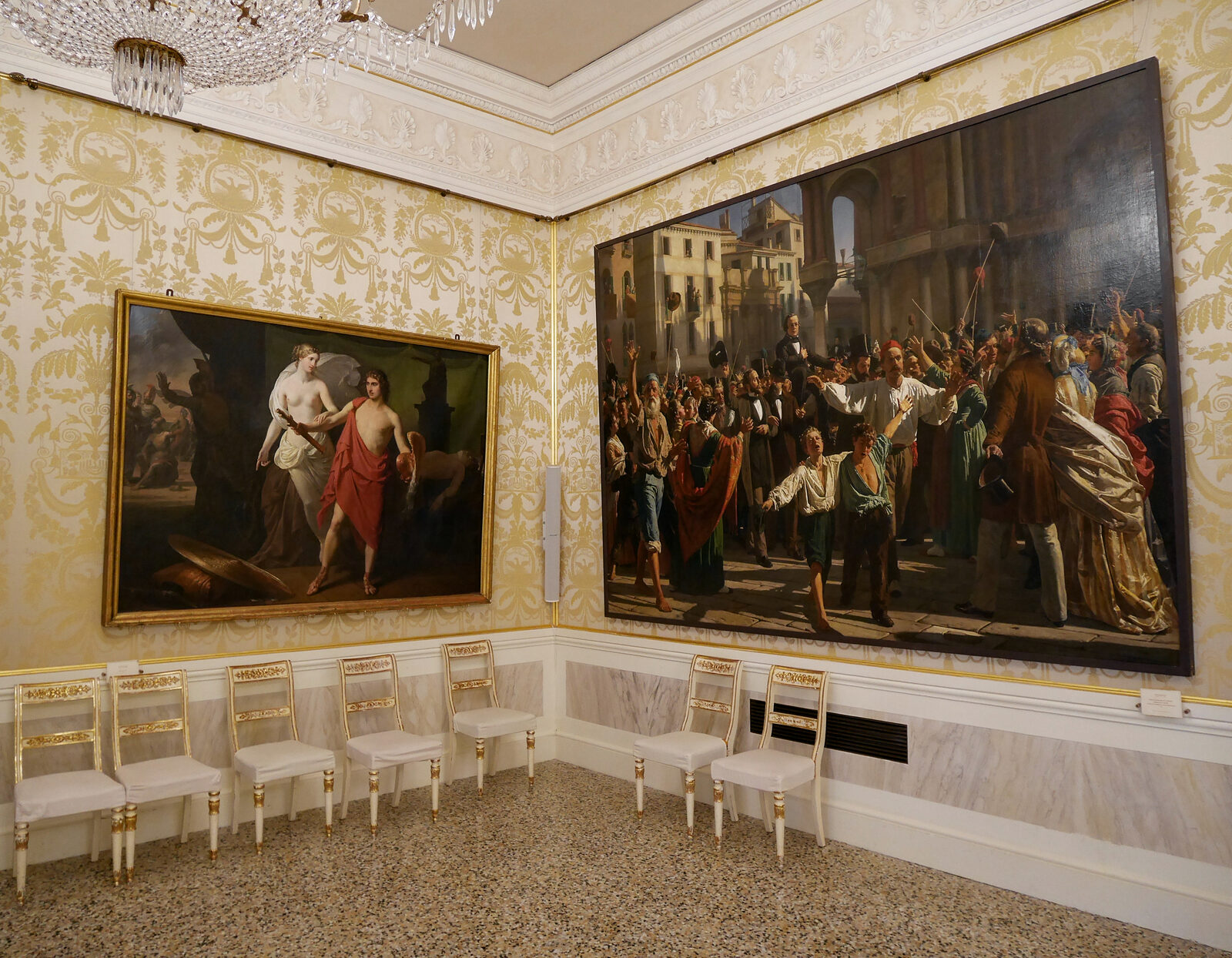 La Fenice : The other Apollo rooms also feature notable paintings, such as a historical scene depicting crowds calling for the release of two Italian patriots from Austrian prisons — an episode that would later contribute to the birth of the Republic of San Marco