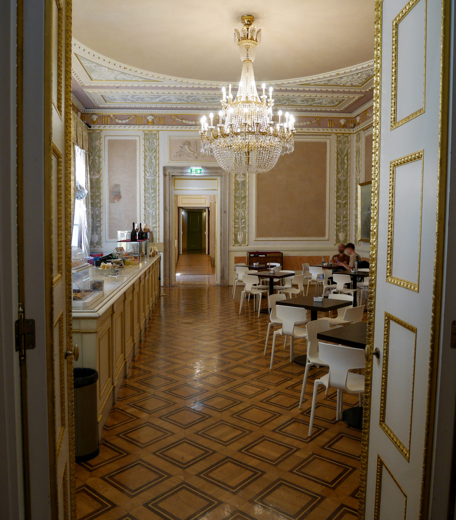 La Fenice : From the ballroom, we enter Sala Dante, which now houses the theatre’s cafeteria and was once adorned with expansive frescoes from the Divine Comedy, of which only fragments remain