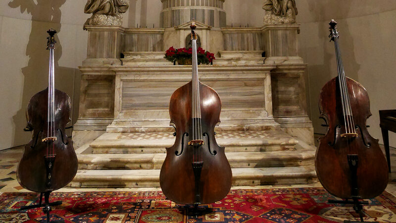 Music Museum : Three cellos stand majestically in front of the altar