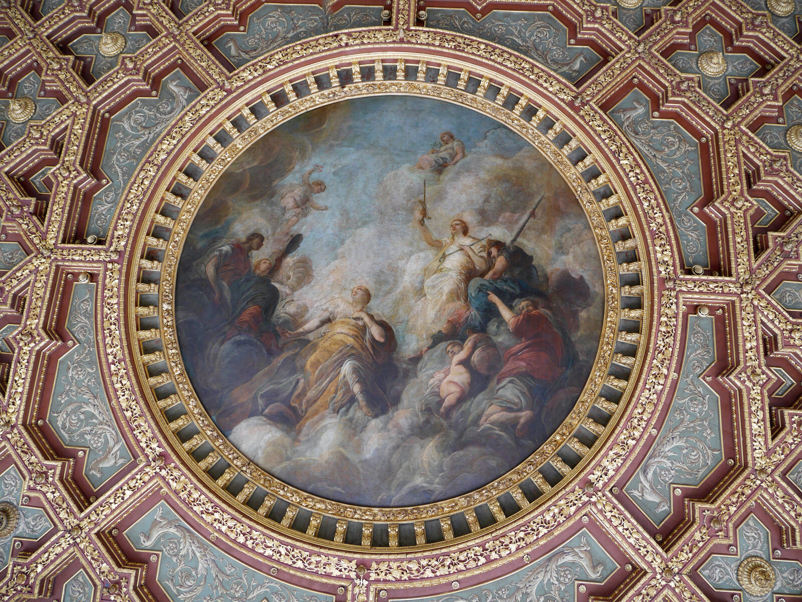 Palazzo Grassi : The exhibition spaces throughout the palace feature stunning ceiling art — like this work by Venetian painter Fabio Canal, a disciple of Tiepolo.