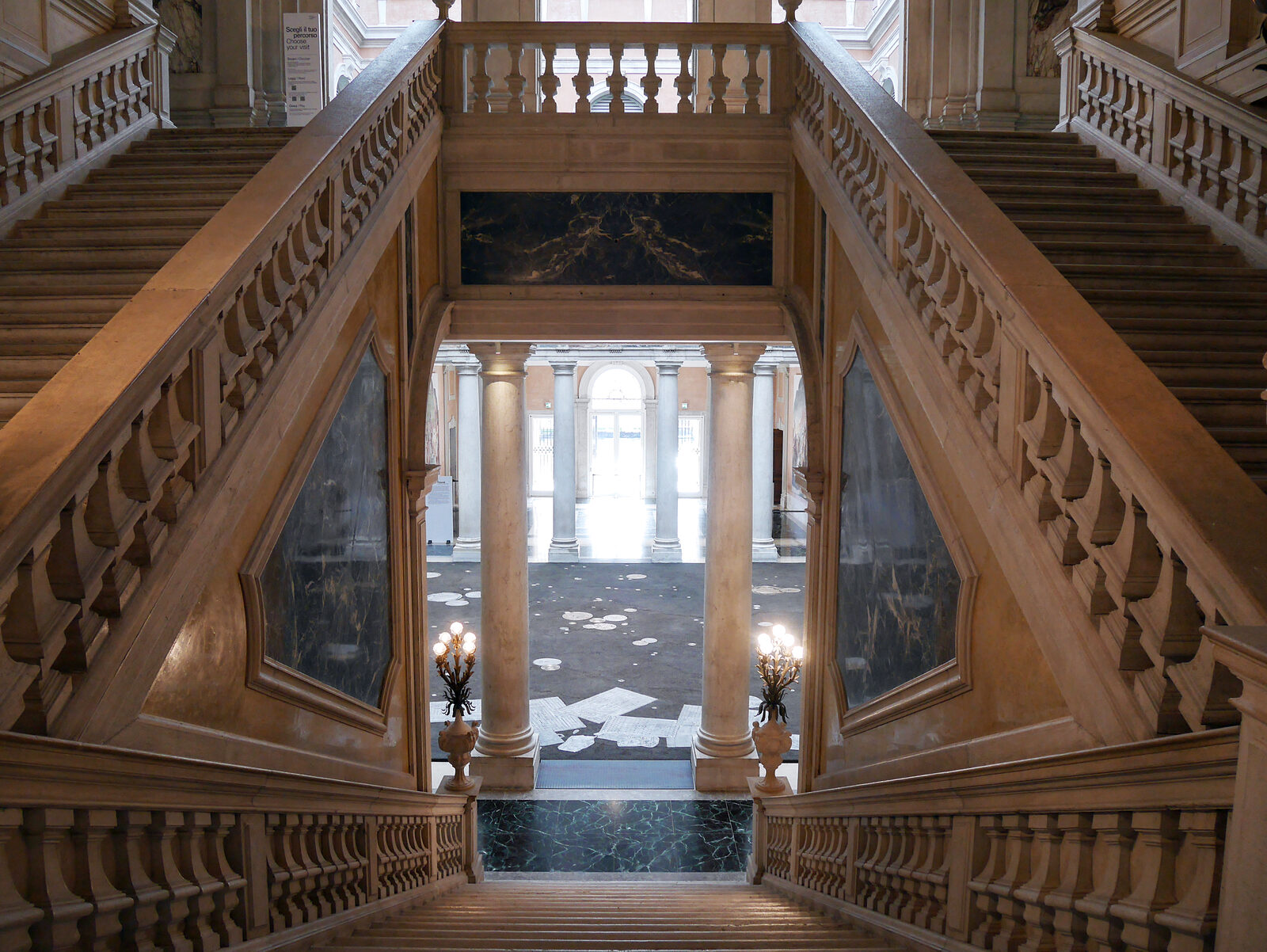 Palazzo Grassi : Halfway up, glancing back toward the grand main hall where our journey began