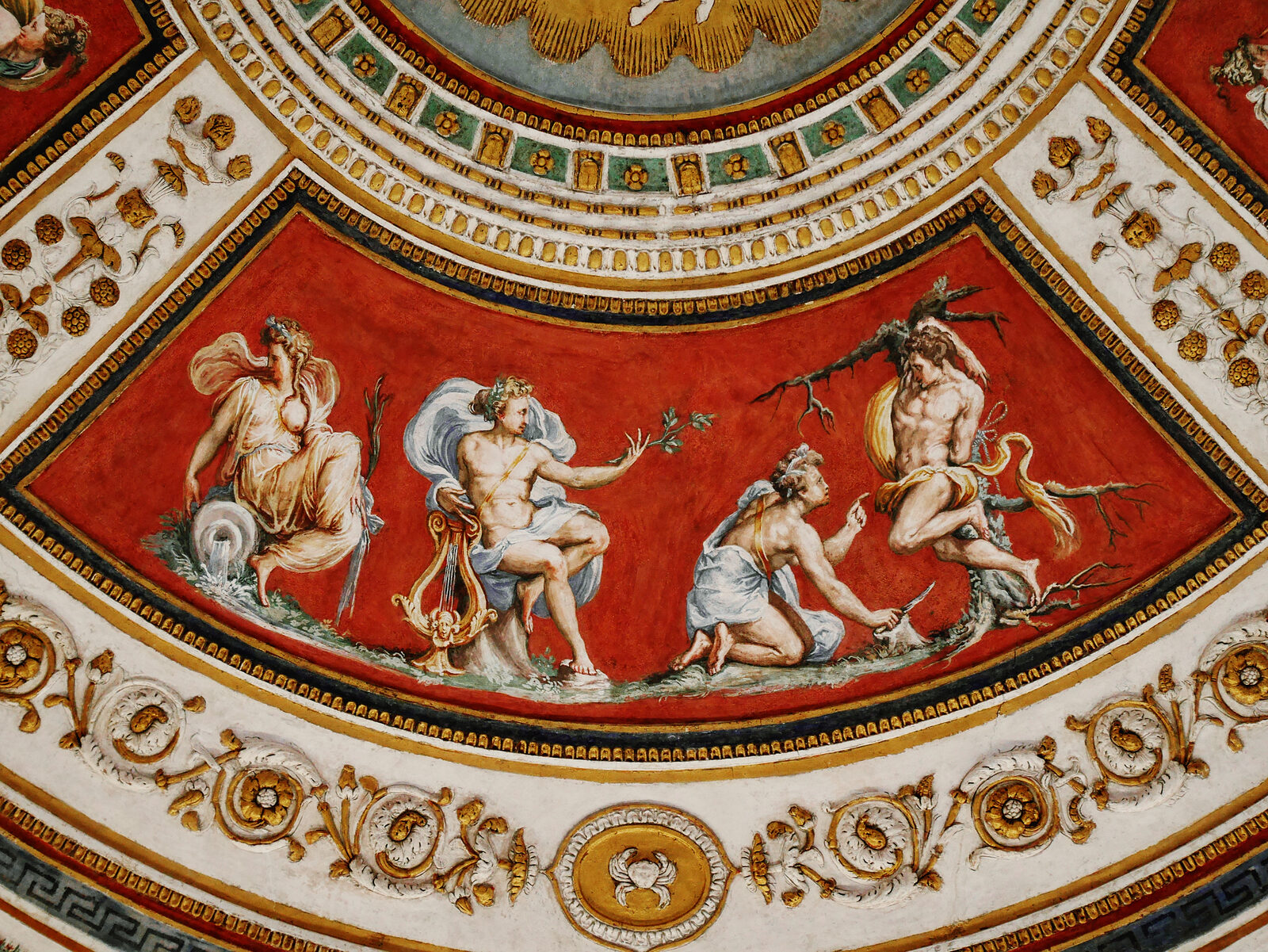 Palazzo Grimani : The fourth fresco depicts the resolution of the dispute: Apollo emerges victorious by playing his lyre, while Marsyas stands poised to receive a severe punishment