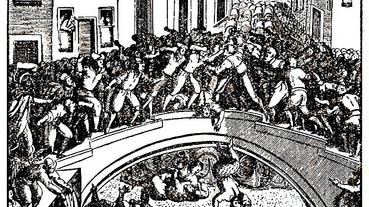 Ponte dei Pugni : Antica incisione che illustra gli scontri feroci tra le due fazioni.
