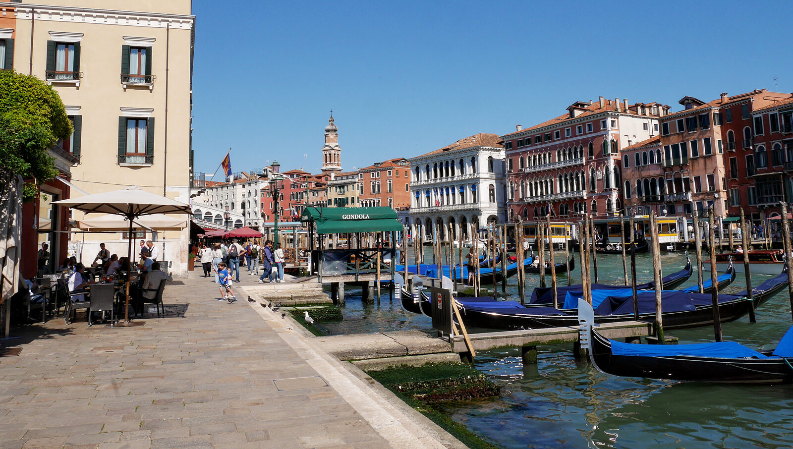 Riva del Vin : Looking back toward Rialto through the rows of parked gondolas