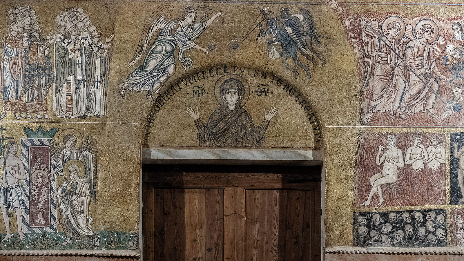 Santa Maria Assunta : Finally, the bottom sections depict Judgment Day and its two outcomes: a blessed afterlife in paradise — or eternal damnation in hell