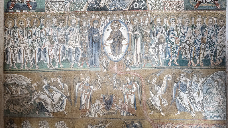 Santa Maria Assunta : One level down are the preparations for Judgment Day, with Christ on a throne and all souls called to rise and come forward and be judged