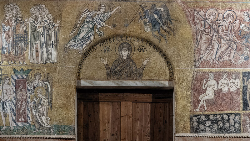 Santa Maria Assunta : Finally, the bottom sections depict Judgment Day and its two outcomes: a blessed afterlife in paradise — or eternal damnation in hell