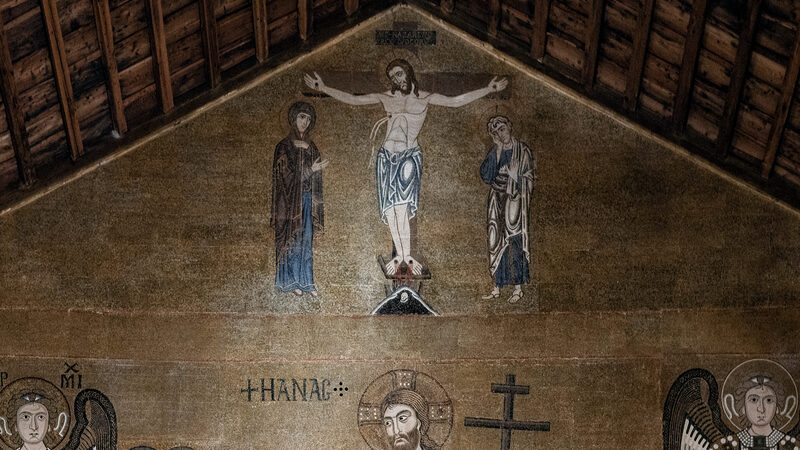 Santa Maria Assunta : The top section is the Crucifixion: Christ is nailed to the cross, flanked by Mary and John the Evangelist