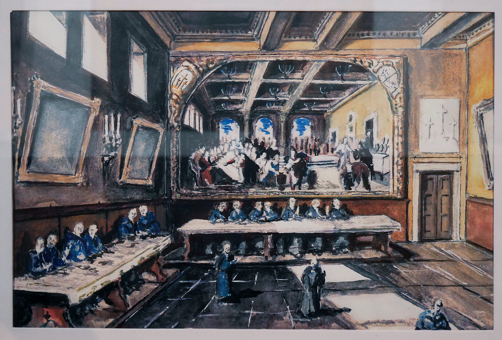 Santa Maria della Salute : This sketch helps us envision the canvas in its original setting - Tintoretto designed the room’s expansion, perspective, ceiling partitions, and windows to flow seamlessly into the artwork