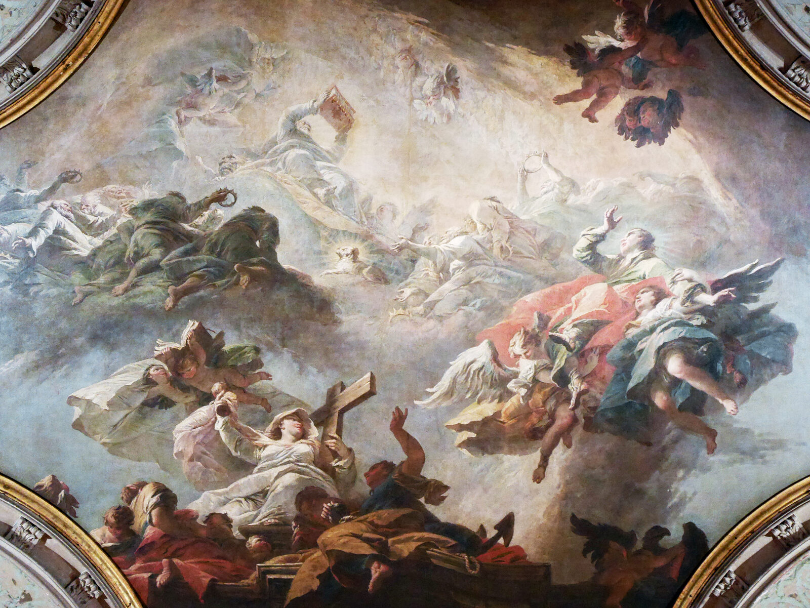 Scuola Grande San Giovanni : Todo el techo es, en realidad, un ciclo de escenas tomadas del Libro del Apocalipsis. Este es uno de los dos grandes medallones del techo que flanquean la pintura central.
