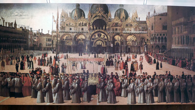 Scuola Grande San Giovanni : 'Procesión en la plaza de San Marcos' de Gentile Bellini ofrece una interesante visión de cómo era Basílica de San Marcos en el siglo XV.