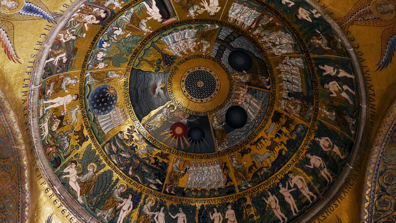 St. Mark's Basilica : The Dome of Creation mosaic tells the story of Genesis in 26 vivid scenes, culminating with the expulsion of Adam and Eve from the Garden of Eden