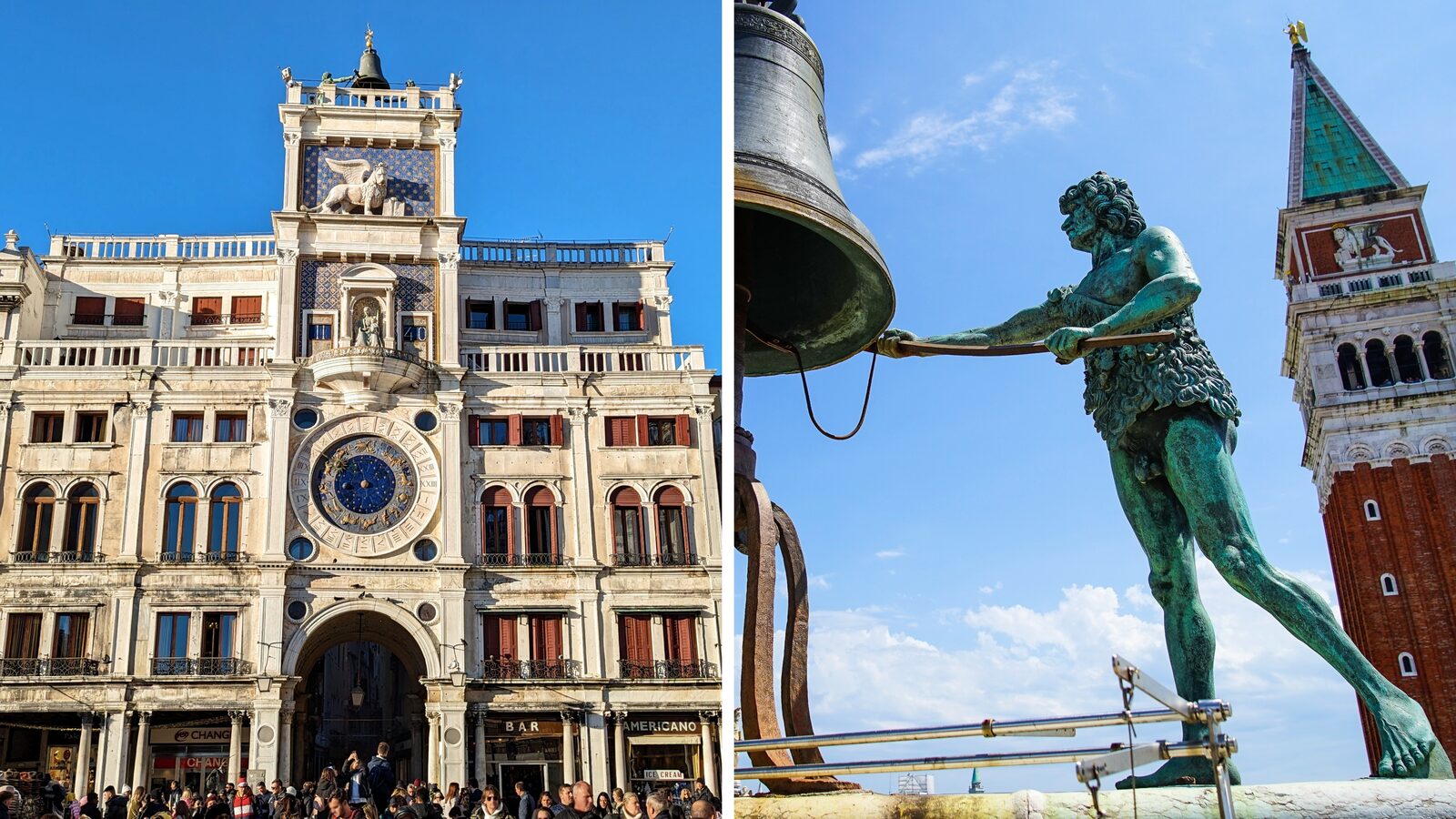 Torre dell'Orologio : La facciata della torre rivolta verso Piazza San Marco e uno dei suoi giganteschi Mori in bronzo, pronto a battere la grande campana in cima