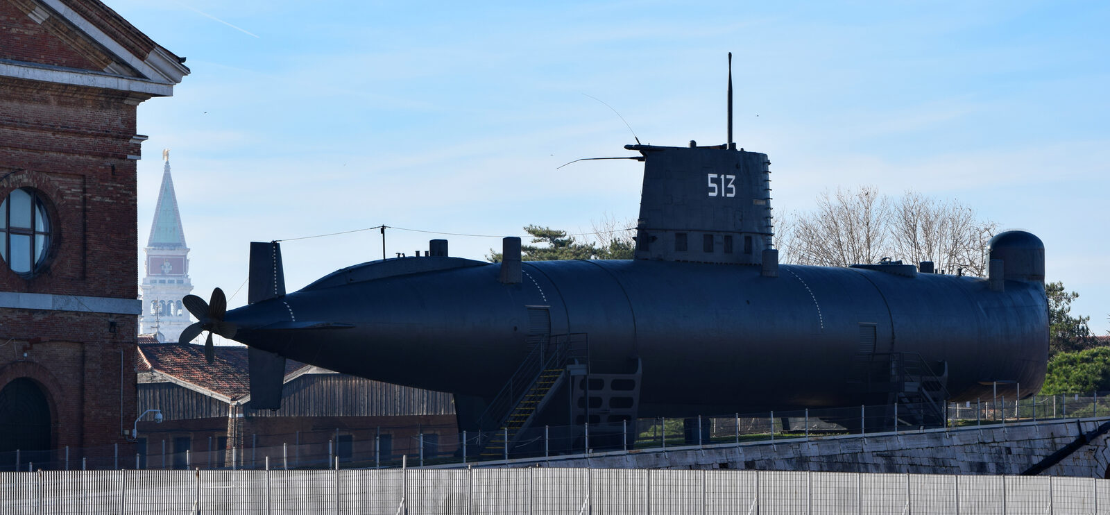 Venetian Arsenal : The Cold War era submarine Enrico Dandolo (S 513), in the section of the Arsenale that remains an active military base